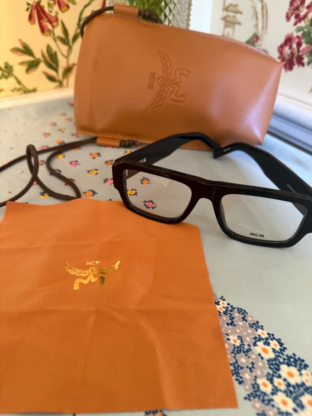 MCM Black Rectangular Eyeglasses with Cognac Case and Pouch